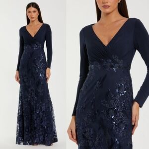 NWT Mac Duggal Navy Embellished Long Sleeve Wrap Over Trumpet‎ Gown - Size 6